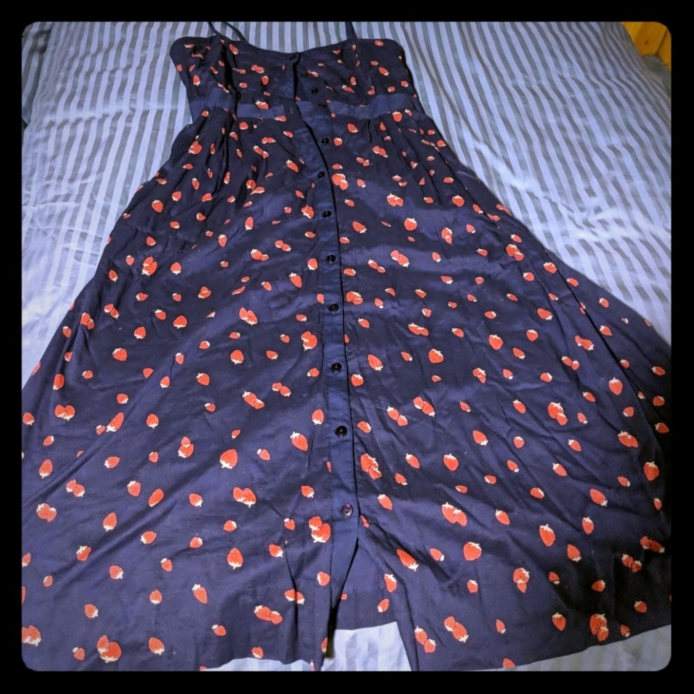 Vintagey strawberry pattern button down midi dress